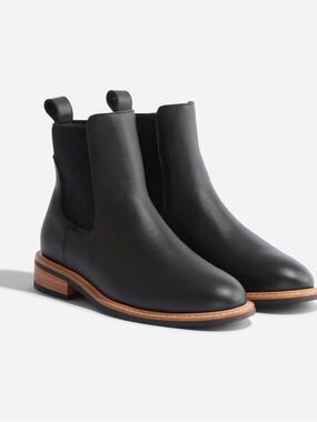 Nisolo Black Leather Chelsea Ankle Boots with Brown Stacked Heel